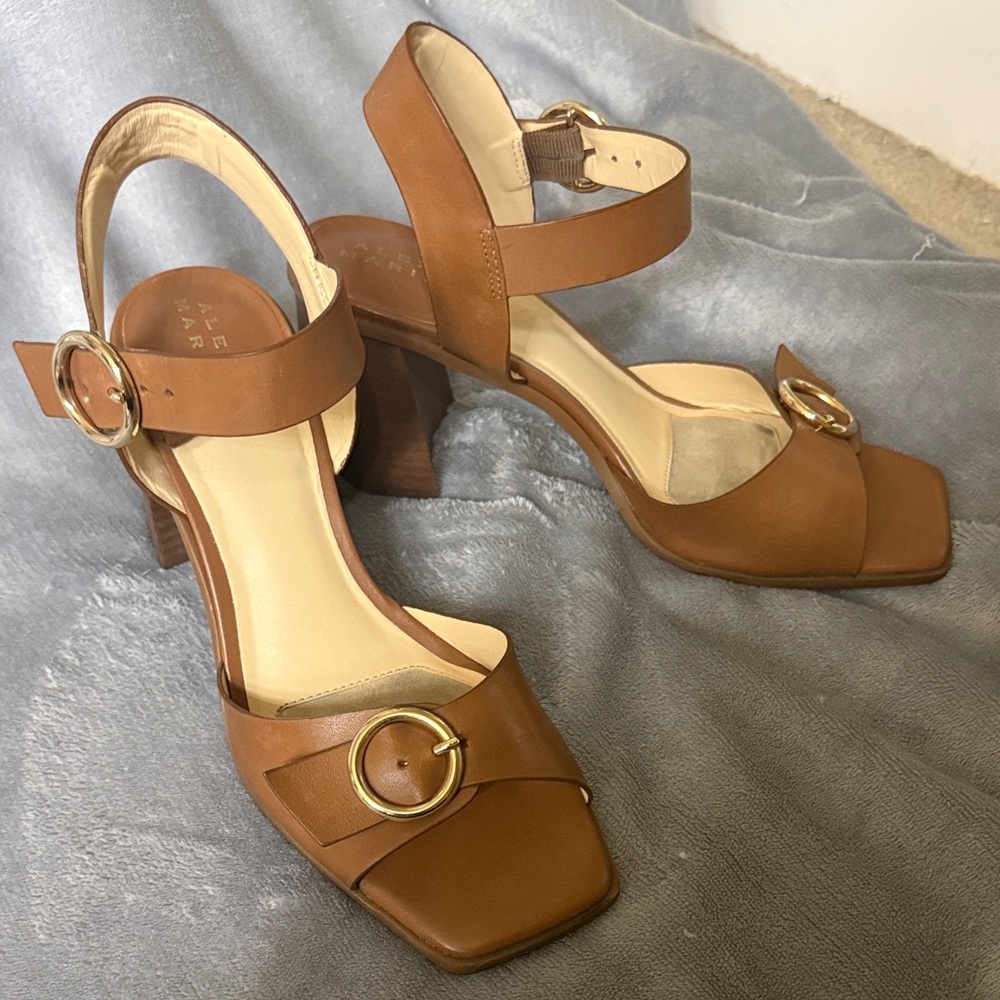 Alex Marie Tan Leather Sandals with Gold Buckles